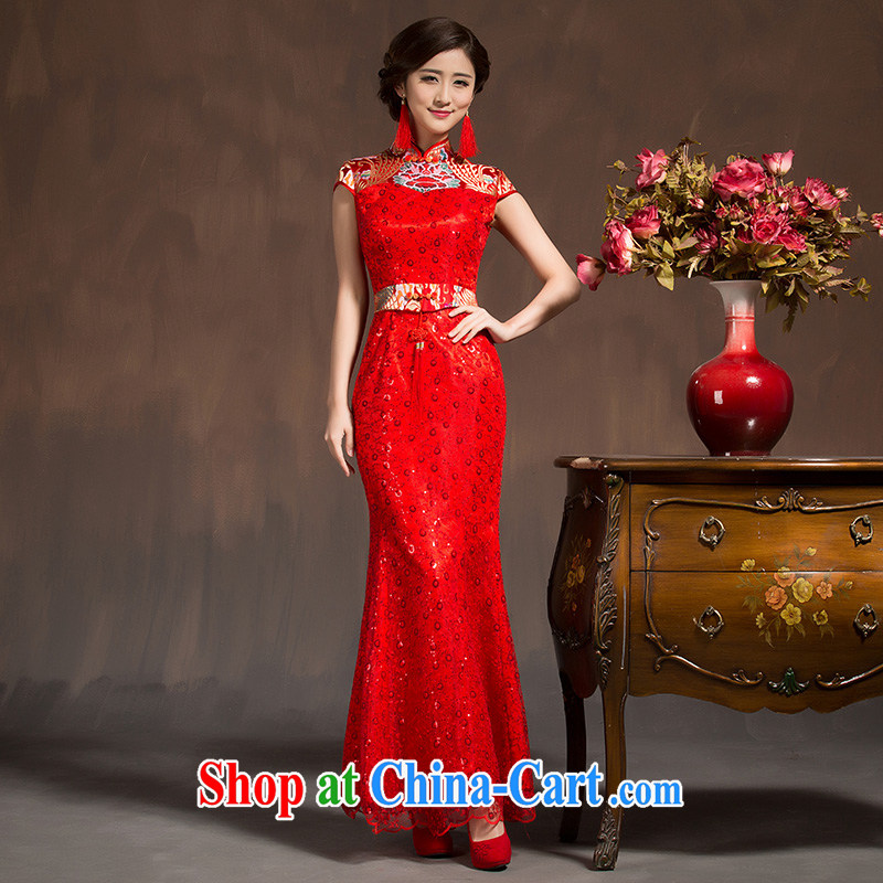 chinese red bows service spring 2015 new bride wedding dress package shoulder improved cheongsam dress crowsfoot red M code