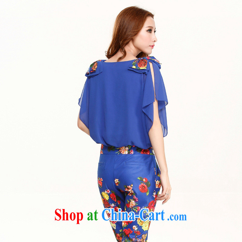 Qin Qing store 60,236 summer new Korean short-sleeved bare shoulders sexy waist seal graffiti stamp professional 2-piece lounge-trousers royal blue XL, GENYARD, shopping on the Internet