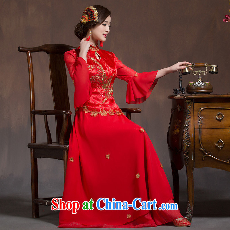 2015 bridal dresses long serving toast in red sleeved improved retro wedding Chinese wedding dress 7 cuff red S code