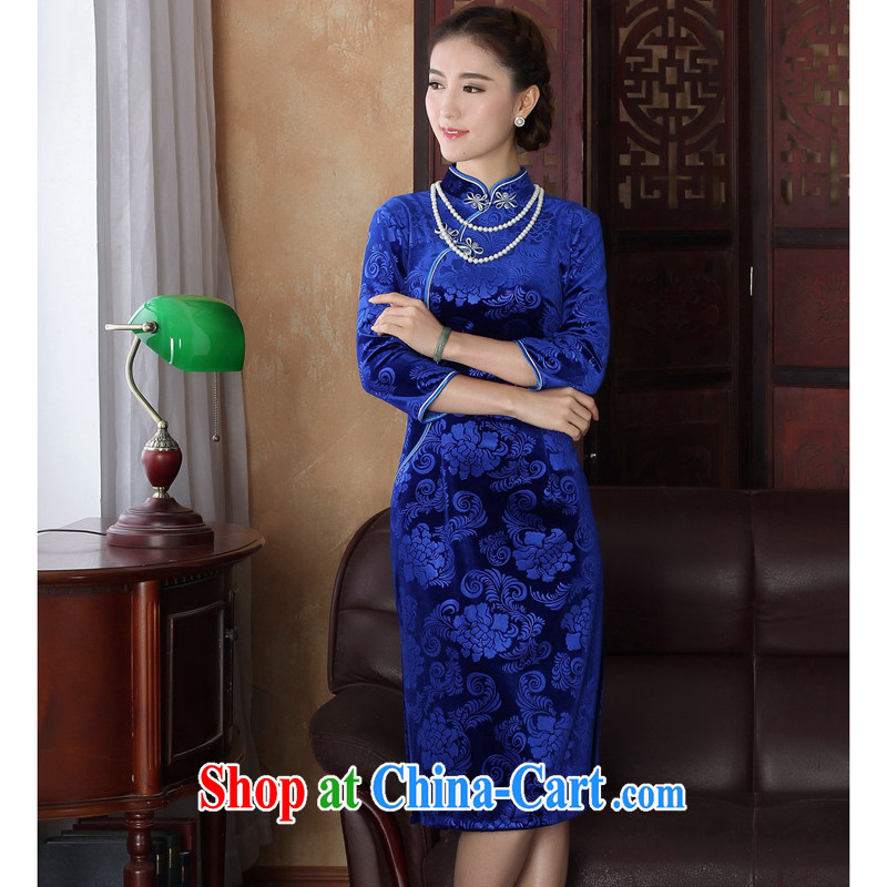 Take the spring dresses Tang Women's clothes Chinese improved the collar Stretch Wool pressure spent 7 hours in cuff long cheongsam dress blue 3 XL, spend, and, on-line shopping