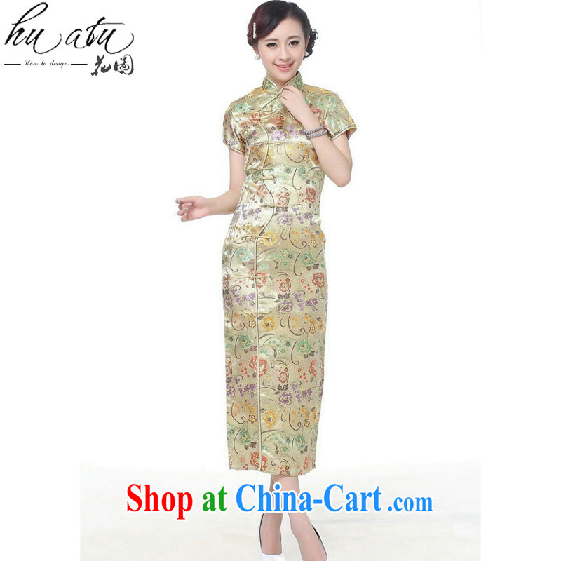 spend the summer short dresses Women's clothes Chinese improved the collar damask 10 tablets outfit for short-sleeved retro long cheongsam dress C 0002 gold S, spend, and, shopping on the Internet