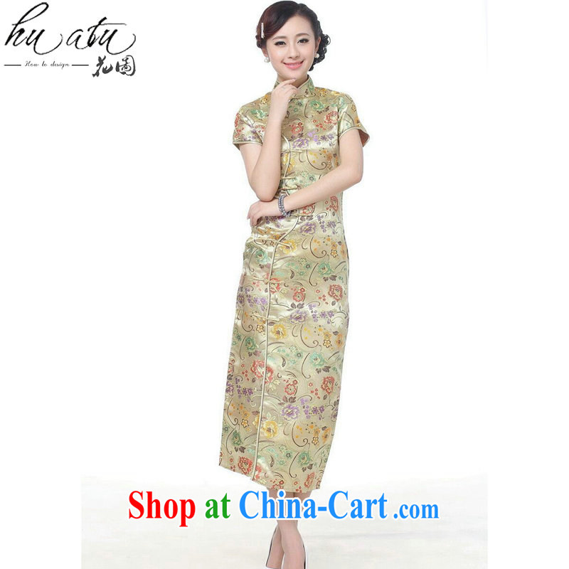spend the summer short dresses Women's clothes Chinese improved the collar damask 10 tablets outfit for short-sleeved retro long cheongsam dress C 0002 gold S, spend, and, shopping on the Internet