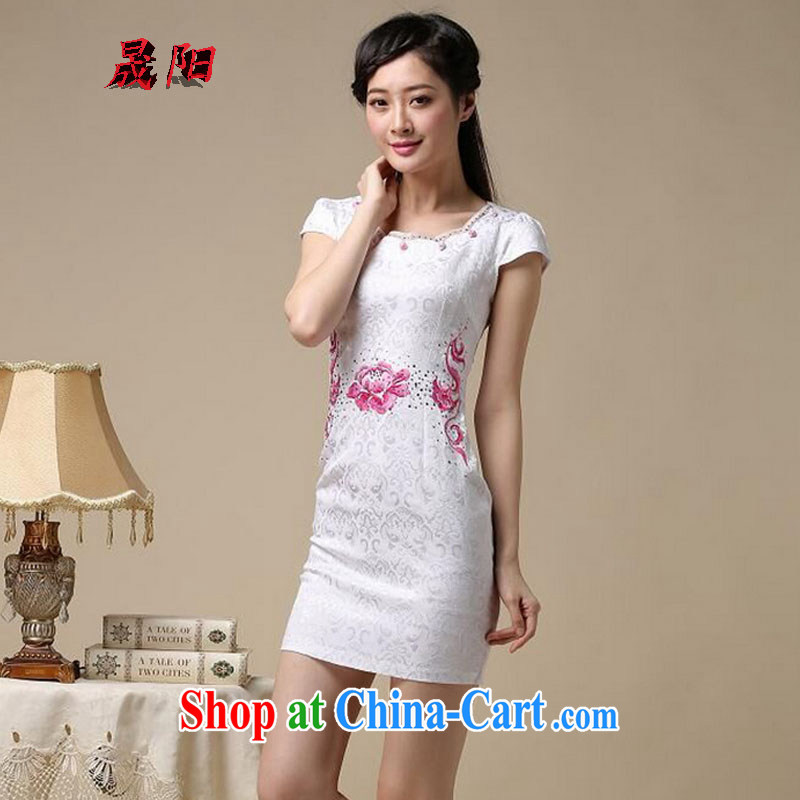 Sung Yang 2015 summer new Korean Beauty does not rule the collar embroidered hot drill stylish retro ladies short sleeve cheongsam dress white S safflower, Sung-yang (shengyang), online shopping