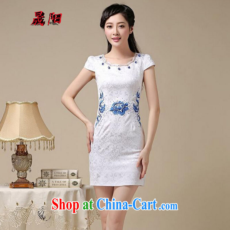 Sung Yang 2015 summer new Korean Beauty does not rule the collar embroidered hot drill stylish retro ladies short sleeve cheongsam dress white S safflower, Sung-yang (shengyang), online shopping