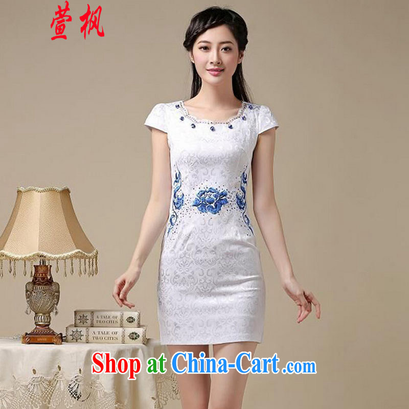 XUAN FENG 2015 summer new Korean Beauty does not rule round-collar embroidered hot drill stylish retro ladies short-sleeved qipao dresses Blue on white flower S, Xuan Feng (xuanfeng), and, on-line shopping