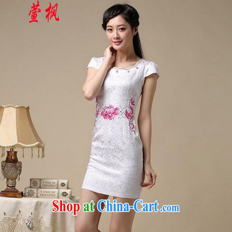 XUAN FENG 2015 summer new Korean Beauty does not rule round-collar embroidered hot drill stylish retro ladies short-sleeved qipao dresses Blue on white flower S, Xuan Feng (xuanfeng), and, on-line shopping