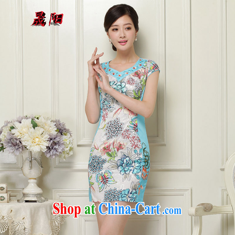 Sung Yang 2015 summer new Korean Beauty V for plants flower embroidery and Stylish retro ladies short sleeve cheongsam dress blue XXL, Sung-yang (shengyang), online shopping