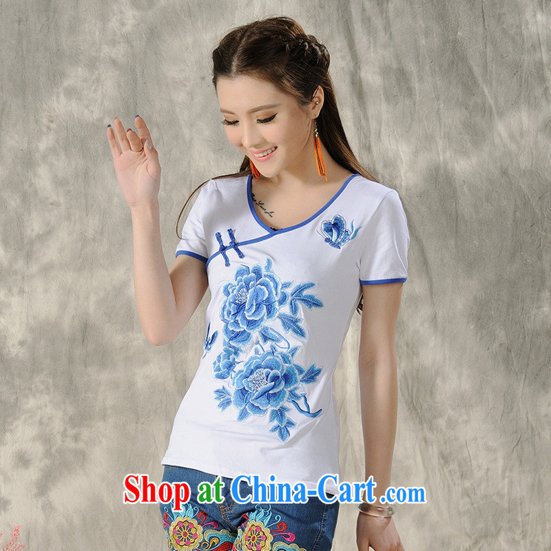 Health Concerns dress * H 9494 National wind women's clothing 2015 spring and summer new, blue and white porcelain embroidered short sleeves shirt T white 2XL, health concerns (Rvie .), and, on-line shopping