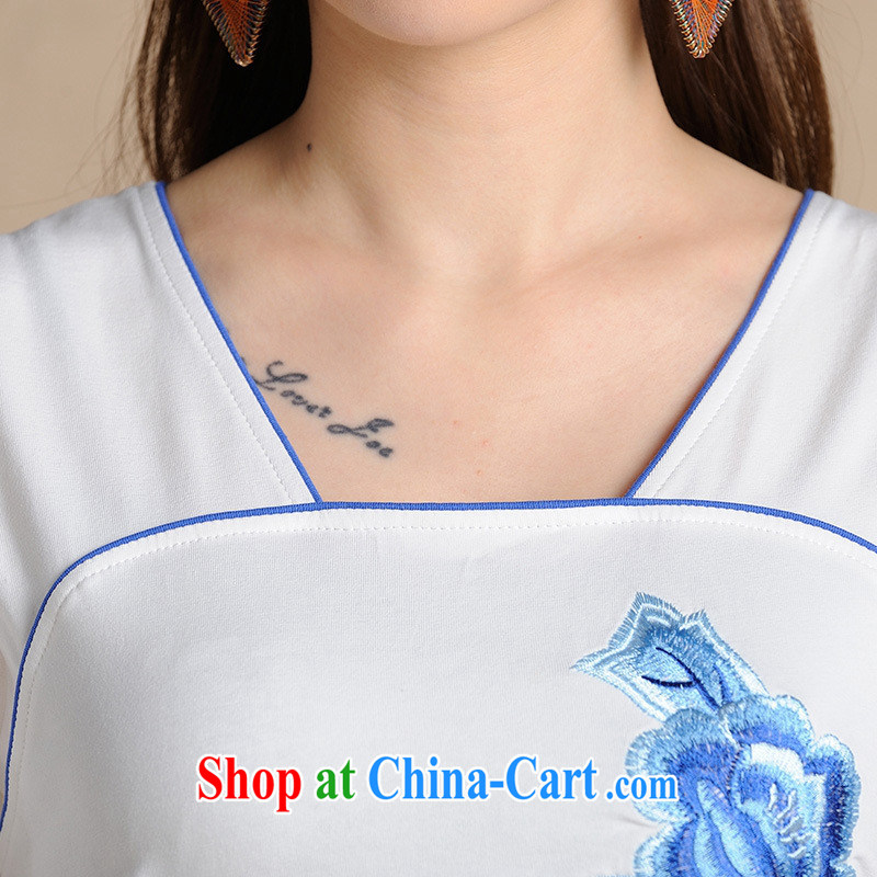 Close deals with clothing * MX 9198 National wind women's clothing spring and summer new blue embroidery Pearl snow woven fly cuff cotton T white 2XL, health concerns (Rvie .), online shopping