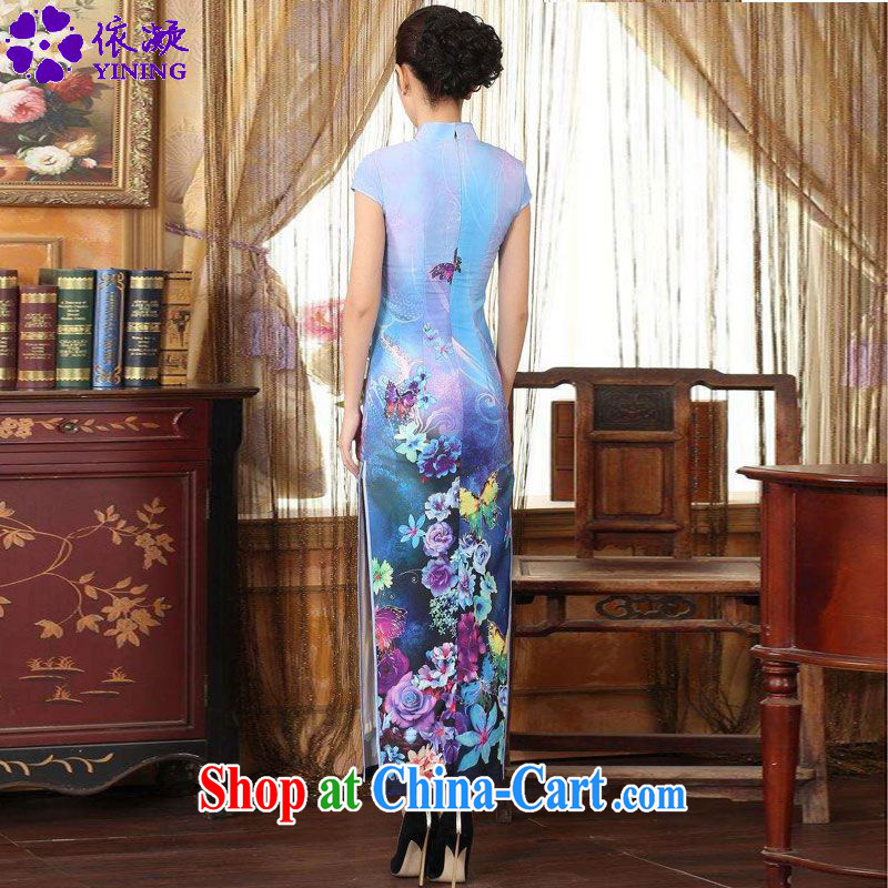According to fuser summer new Chinese improved Chinese cheongsam dress, for cultivating long, short-sleeved cheongsam dress LGD/C 0009 #sky M, according to fuser, shopping on the Internet