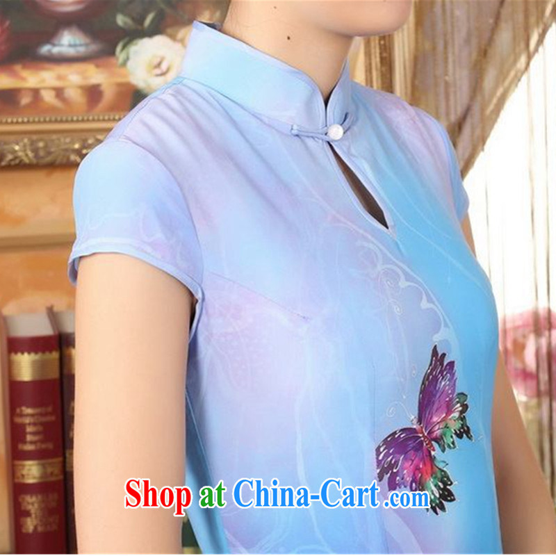 According to fuser summer new Chinese improved Chinese cheongsam dress, for cultivating long, short-sleeved cheongsam dress LGD/C 0009 #sky M, according to fuser, shopping on the Internet