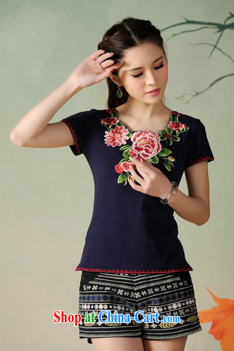 Health Concerns dress * C 6887 National wind women's clothing spring and summer new V-shaped petal collar three-dimensional embroidered short-sleeved cotton shirt T deep blue 3 XL pictures, price, brand platters! Elections are good character, the national distribution, so why buy now enjoy more preferential! Health