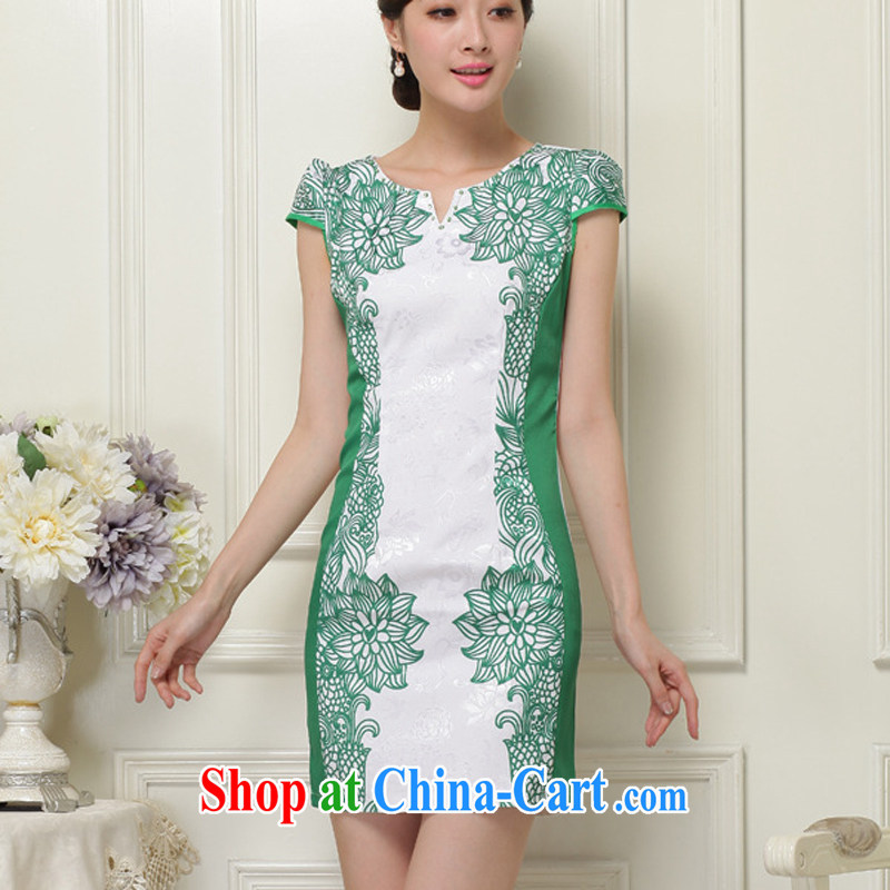 OVBE Korean version 2015 summer New Beauty Classic Blue and white porcelain stamp style lady lace inserts drill Tang pack and cheongsam dress female Green, silk scarf, XXL OVBE, shopping on the Internet