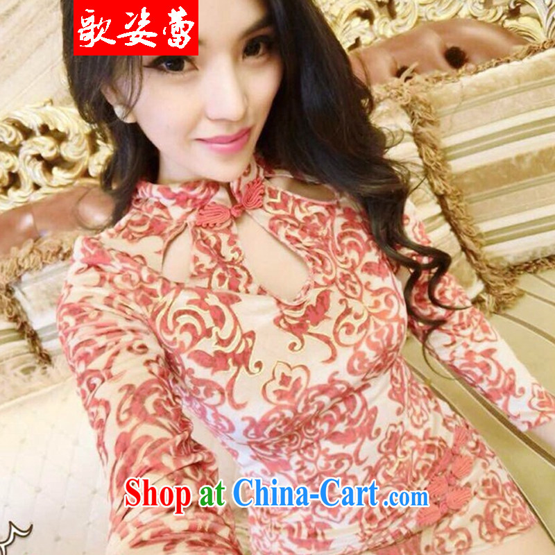 Enjoy music ballet 2015 new European site name Yuan female style Openwork sexy retro blue and white porcelain fashion cheongsam dress red, code, and Song variety buds (GEZILEI), shopping on the Internet