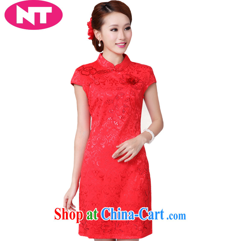 Protection N T 2015 wedding dresses serving toast new summer red wedding dress high collar dress cheongsam red XL