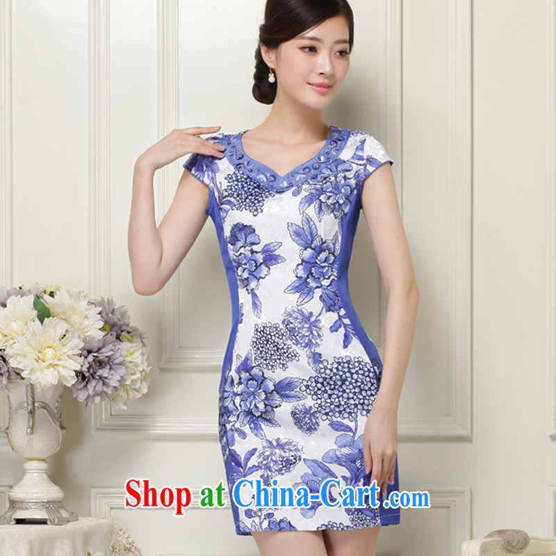 OVBE Korean version 2015 summer New Beauty stamp temperament lady Tang pack and cheongsam dress girl blue, silk scarf, XXL OVBE, shopping on the Internet