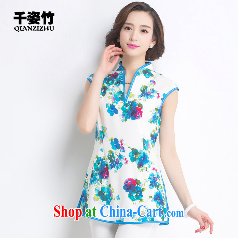 1000 colorful bamboo 2015 summer New Name-yuan Chinese wind short-sleeve dresses retro style to the silk shirt woman Blue on white flower XL, 1000 colorful bamboo (qianzizhu), online shopping