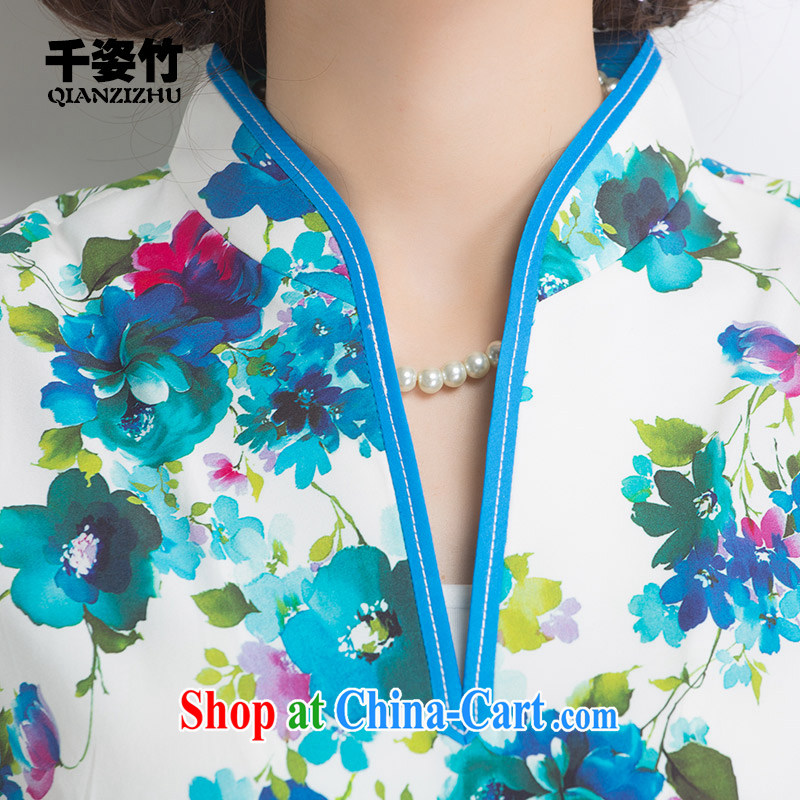 1000 colorful bamboo 2015 summer New Name-yuan Chinese wind short-sleeve dresses retro style to the silk shirt woman Blue on white flower XL, 1000 colorful bamboo (qianzizhu), online shopping