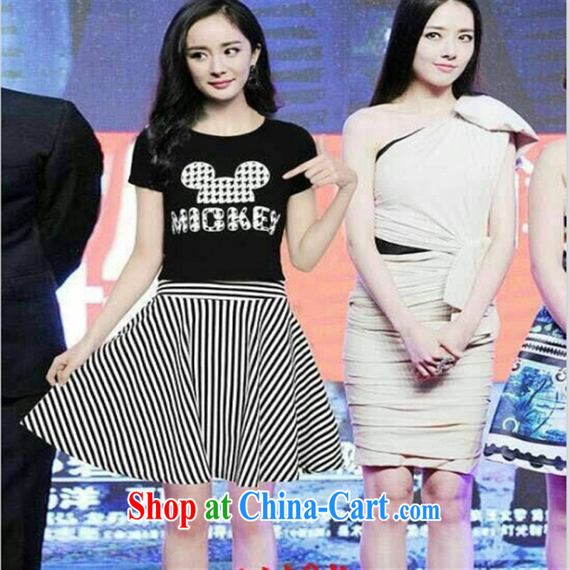 Ya-ting store 2015 spring new Korean female stars with M, T-shirt + striped short skirt two piece girls black L
