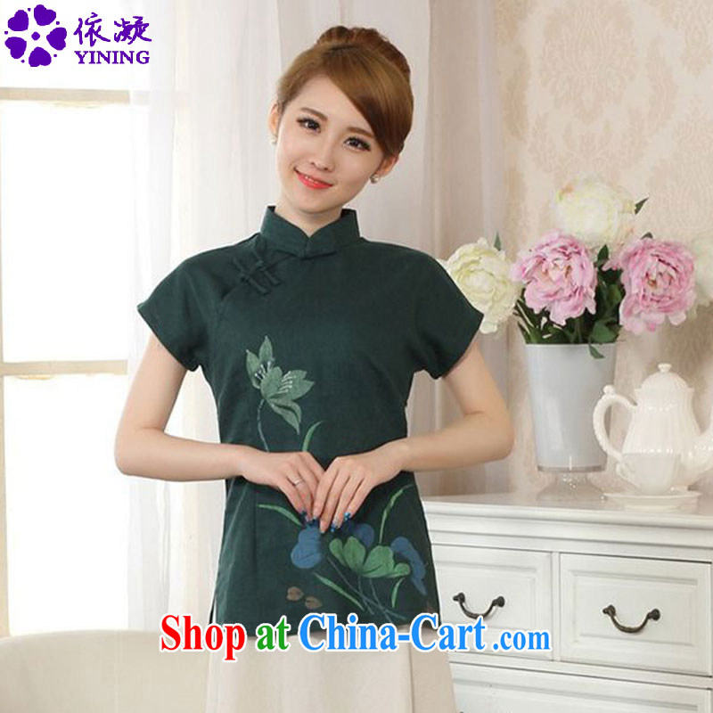 According to fuser new female Ethnic Wind Chinese improved Chinese qipao, for a tight hand-painted short-sleeved Chinese T-shirt LGD_A _0067 dark green XL