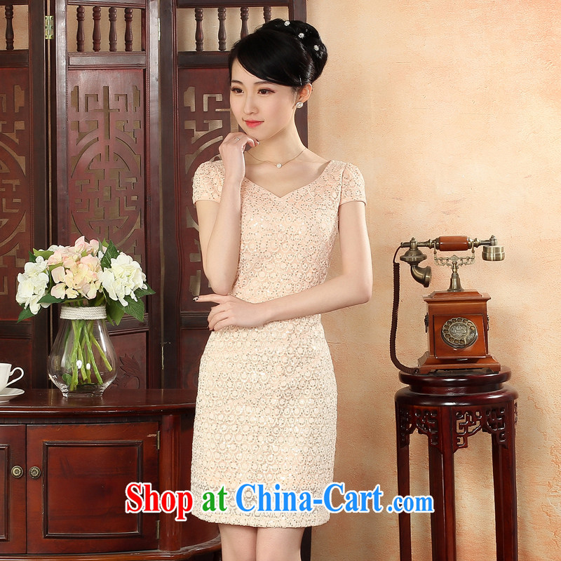 Oriental elite 2015 spring and summer new female lace cheongsam dress in short conventions drill short sexy beauty dresses 564,412 pink XL