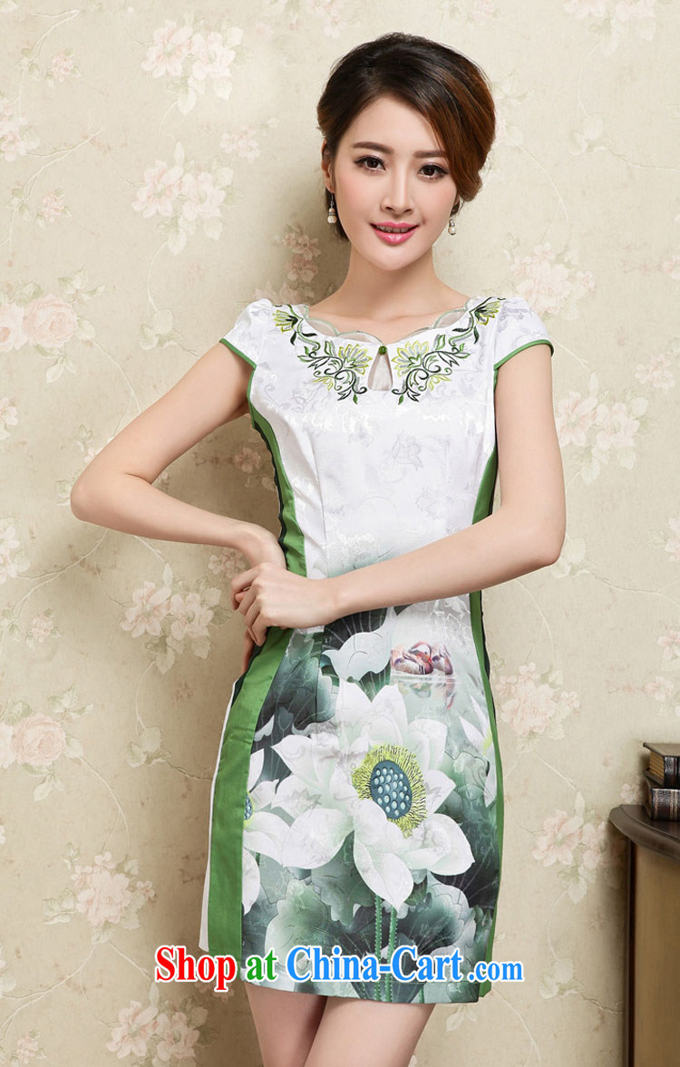 XUAN FENG 2015 summer new Korean Beauty lace collar beautiful lotus stamp stylish retro dress short-sleeve cheongsam dress green XXL pictures, price, brand platters! Elections are good character, the national distribution, so why buy now enjoy more preferential! Health