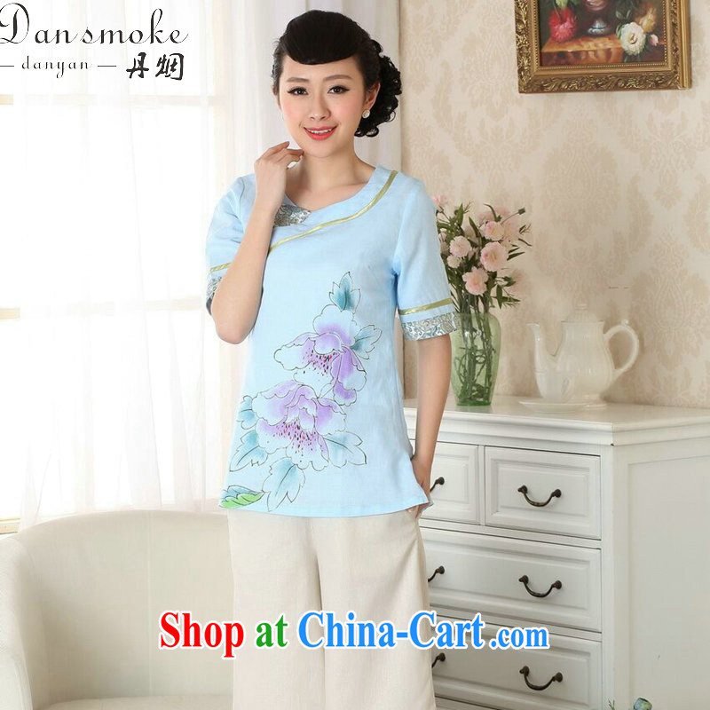 Dan smoke summer new women's clothing dresses T-shirt cotton the Chinese Ethnic Wind round-collar-ties improved Han-hand-painted Chinese single T-shirt 2XL, Bin Laden smoke, shopping on the Internet