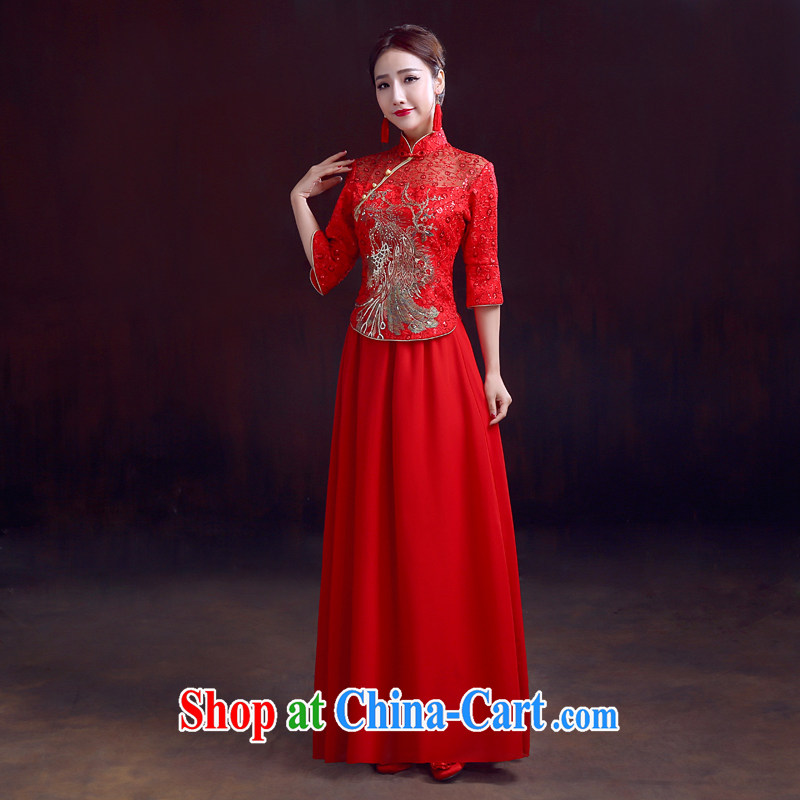 Dumping the married Yi wedding dresses 2015 new spring 7 cuffs dresses Peacock embroidery snow woven 2-piece set toast wedding dress red XXL, dumping the married Yi, shopping on the Internet