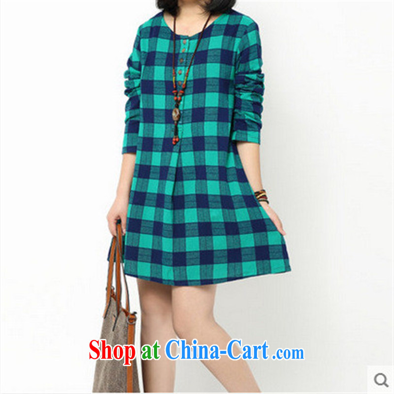 2015 spring new Korean version loose the code frock decorated with tartan spring long-sleeved ripstop taffeta overlay dress sky blue large code, code, and the United States according to Day together (meitianyihuan), online shopping