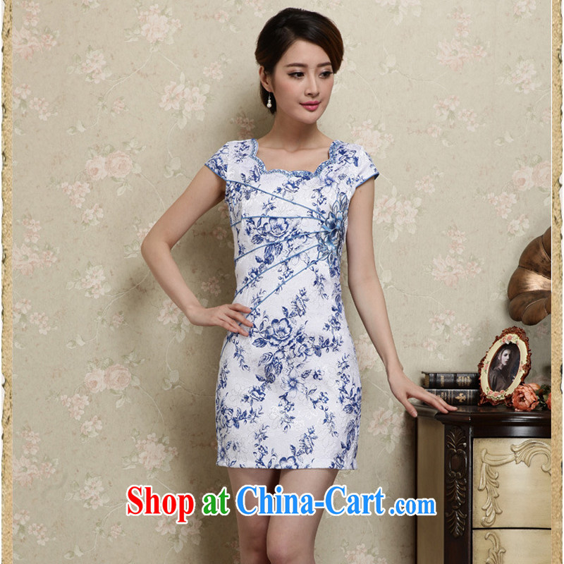 Blue and white porcelain cheongsam dress spring 2015 new improved stylish daily short cheongsam dress beauty package and summer girls 28 blue XXL