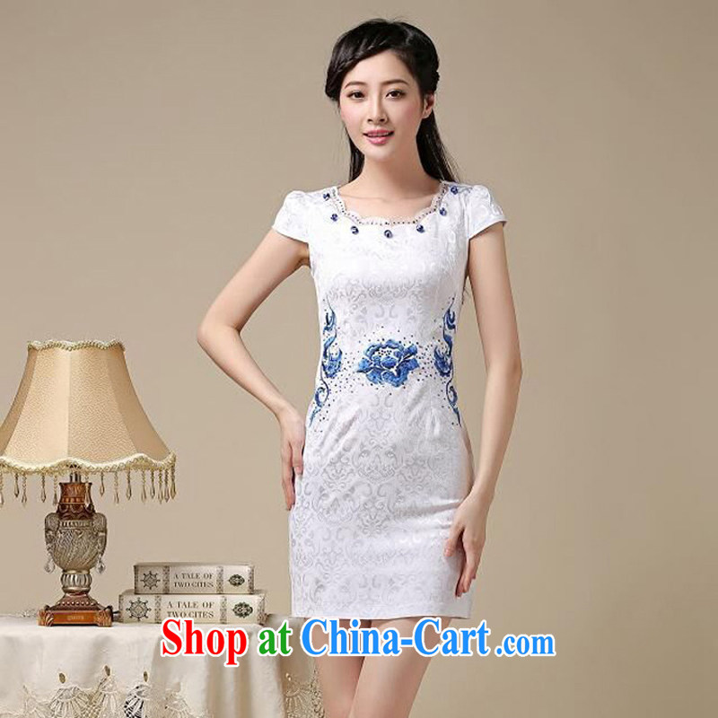 Dresses 2015 new spring and summer with black on white jacquard cotton retro daily improved cheongsam dress style girls 50 Blue on white flower XL