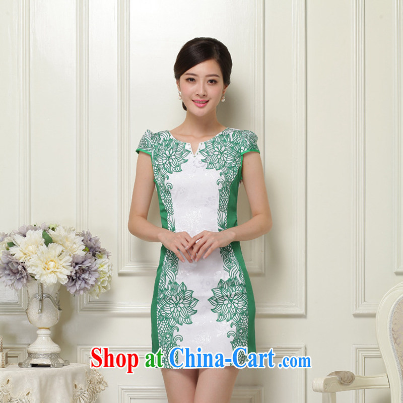 2015 new summer women cheongsam dress short-sleeved beauty stamp National wind package and skirt 26 Green S, Xin Wei era, shopping on the Internet