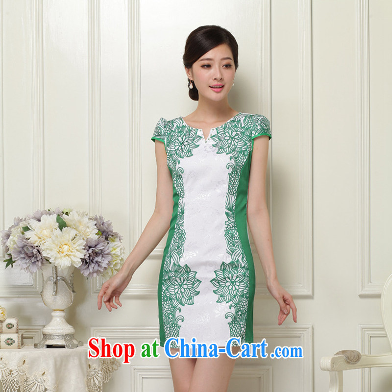 2015 new summer women cheongsam dress short-sleeved beauty stamp National wind package and skirt 26 Green S, Xin Wei era, shopping on the Internet