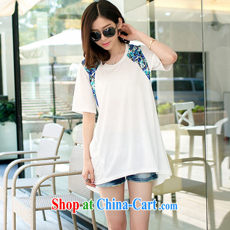 Ya-ting store 2015 summer new Korean female loose round-collar, long, stamp duty short-sleeved shirt T XL White, Blue rain bow, and shopping on the Internet