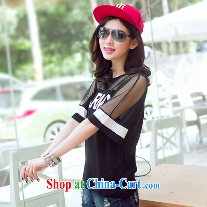 Ya-ting store 2015 spring and summer new Korean Web yarn short-sleeve shirt T larger female black XXL, blue rain bow, and shopping on the Internet