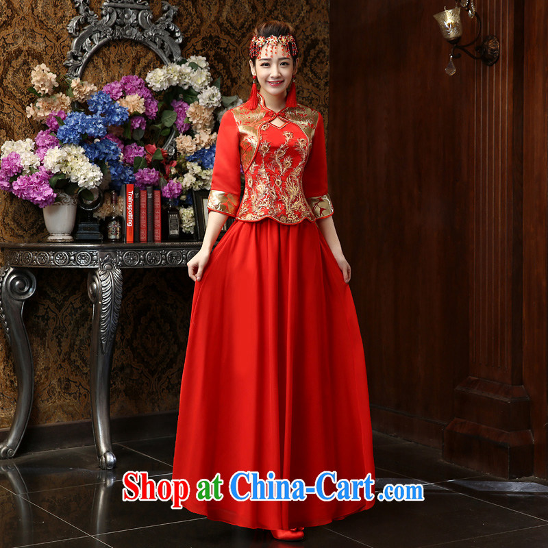Su Wu edge 2015 New Sleeves in Red video thin toast cheongsam Chinese Antique style long embroidery married Yi wedding service bridal cheongsam dress red L