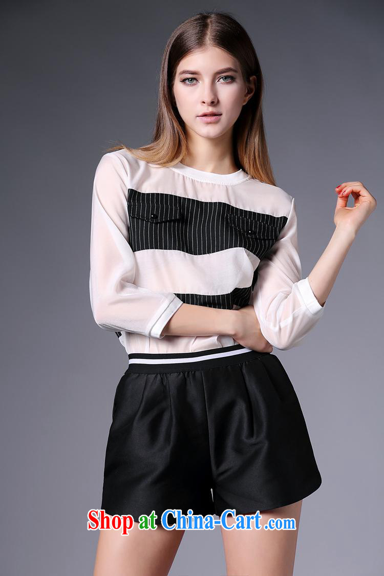 Health concerns women * 2015 spring new European and American big European root yarn stitching black Fine Line false pocket T-shirt with black shorts white L pictures, price, brand platters! Elections are good character, the national distribution, so why buy now enjoy more preferential! Health