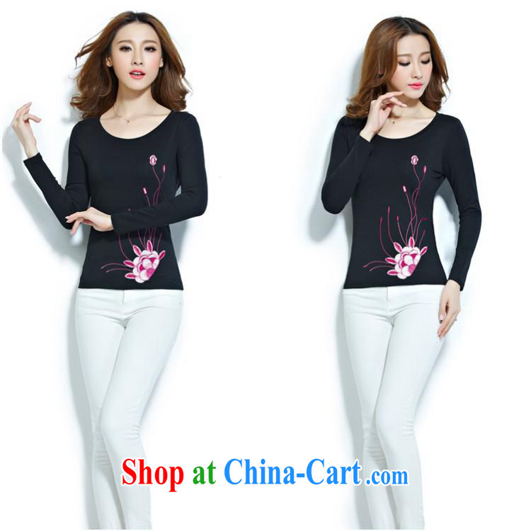Qin Qing store FOREIGN TRADE 2015 spring new beauty ethnic wind embroidered round neck cotton long-sleeved solid T shirt female white XXXL pictures, price, brand platters! Elections are good character, the national distribution, so why buy now enjoy more preferential! Health