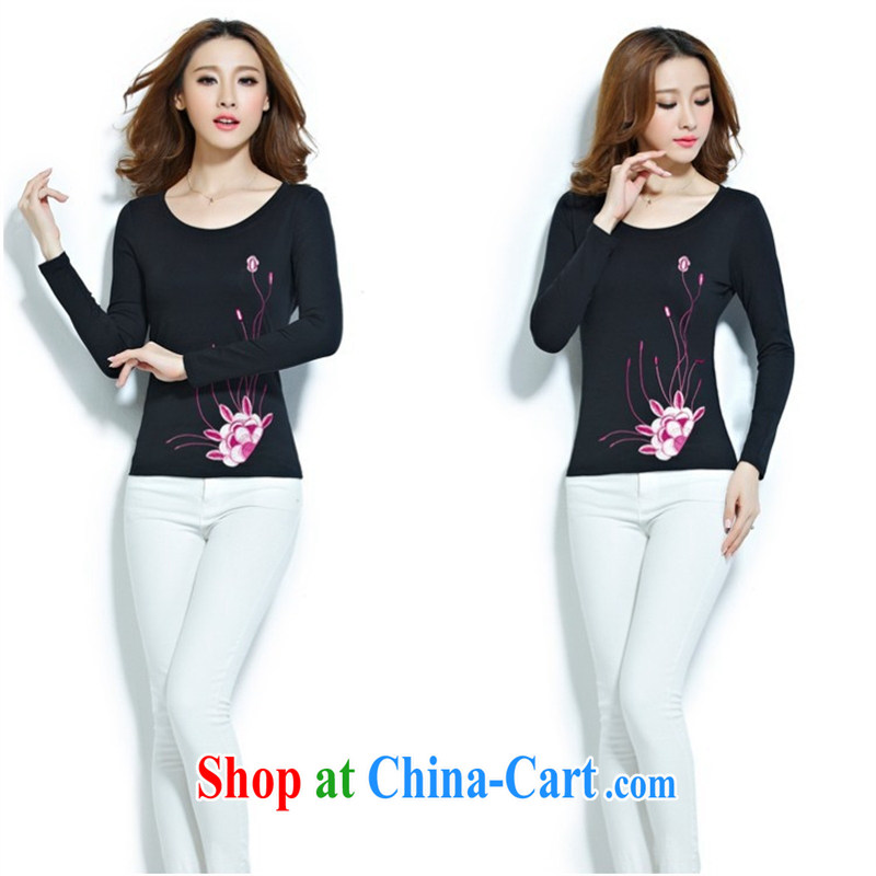 Qin Qing store FOREIGN TRADE 2015 spring new beauty ethnic wind embroidered round neck cotton long-sleeved solid T shirt female white XXXL