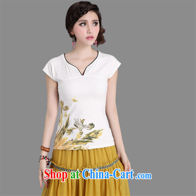 Deloitte Touche Tohmatsu sunny store 2015 foreign trade summer new ethnic wind female water ink stamp cultivating V collar cotton short-sleeved shirt T female white S