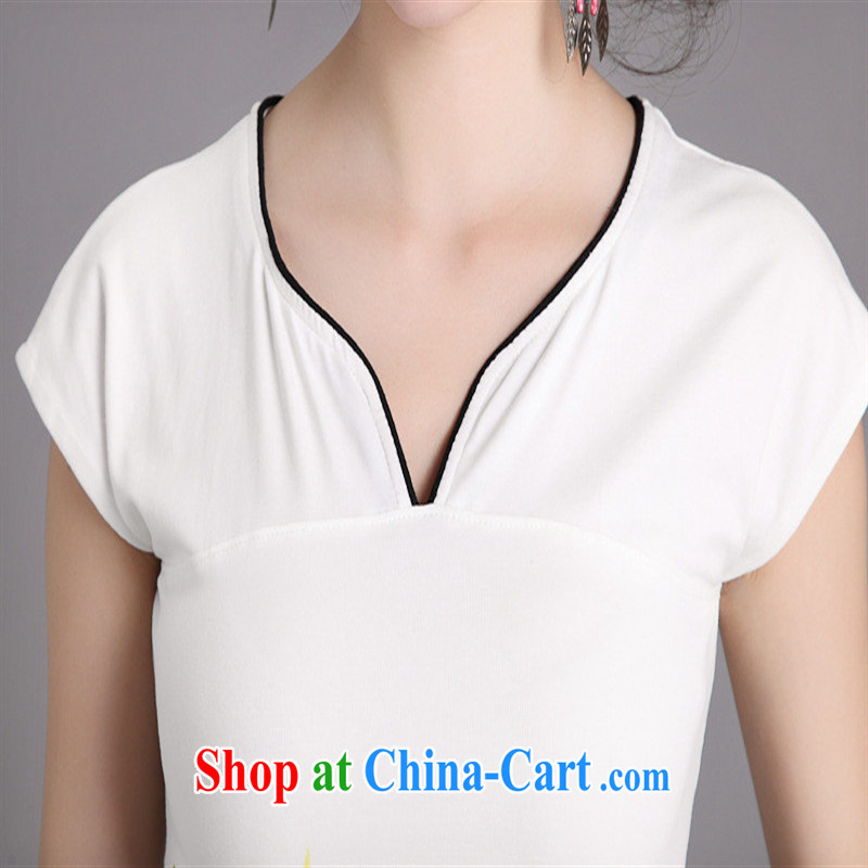 Deloitte Touche Tohmatsu sunny store 2015 foreign trade summer new ethnic wind female ink stamp cultivating V collar cotton short-sleeved shirt T female white S, GENYARD, shopping on the Internet