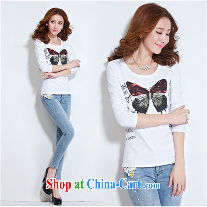 Qin Qing store Autumn Trade with new European and American female T shirt framed stamp duty drilling long-sleeved cotton shirts solid female white XXL