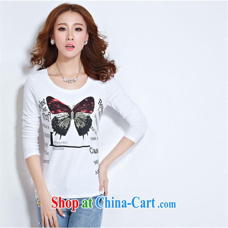 Qin Qing store Autumn Trade with the United States and Europe, female T shirt framed stamp duty drilling long-sleeved cotton shirts solid female white XXL, GENYARD, shopping on the Internet
