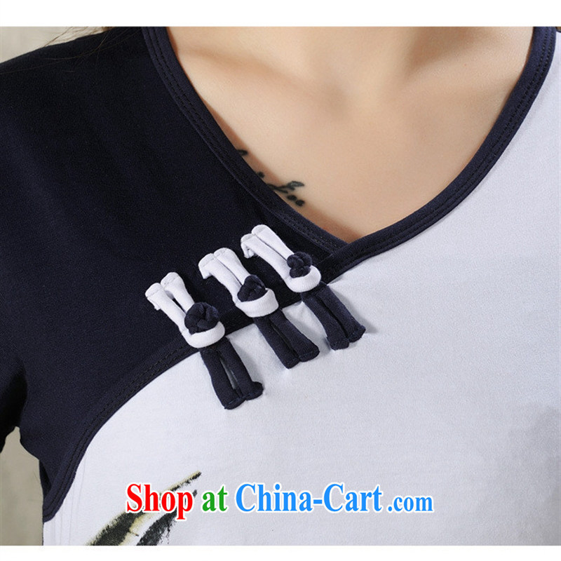 Ya-ting store X 8705 national air-girl with short-sleeved shirt T female literary retro V for China wind solid T-shirt white 2XL, blue rain bow, and shopping on the Internet