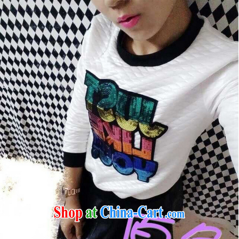 Ya-ting store 2015 spring new female Korean T-shirt beauty model long-sleeved letter overlay color sweater white L, blue rain bow, and shopping on the Internet