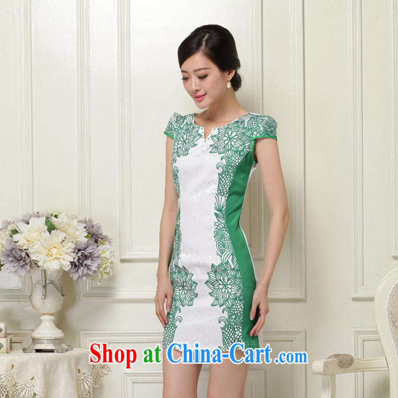 2015 new summer women cheongsam dress short-sleeved beauty stamp National wind package and skirt 26 Green S