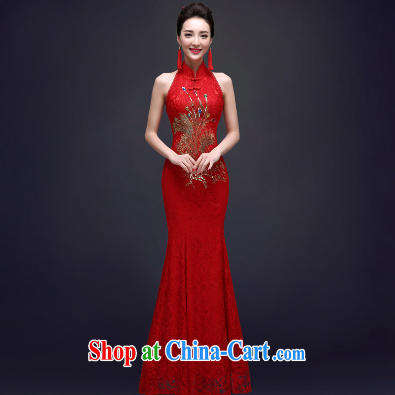 A good service is 2015 new spring dresses serving toast red Chinese long crowsfoot bridal summer wedding dress red 2 XL