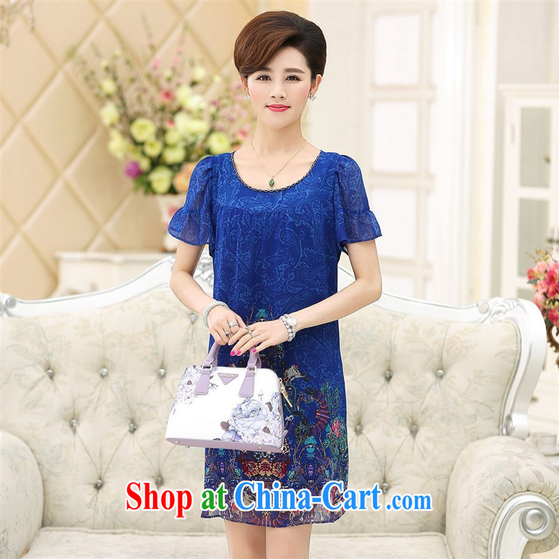 2015 summer new, older women with large code silk stretch Satin short-sleeved stamp snow woven dresses direct violet XXXL