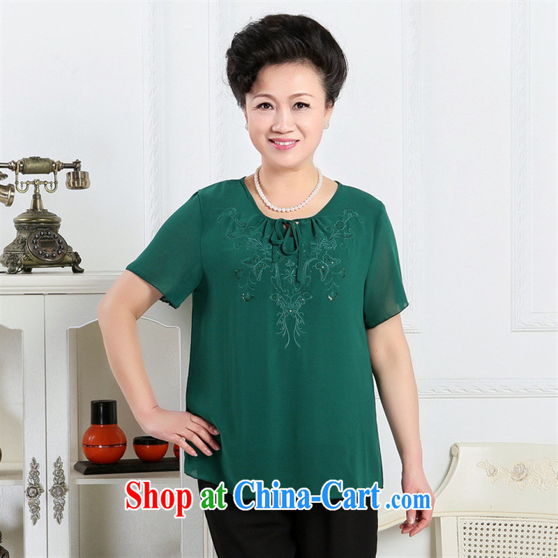2015 summer new, older women with larger embroidered short sleeves snow woven shirts mother Load T-shirt the wood green XXXL