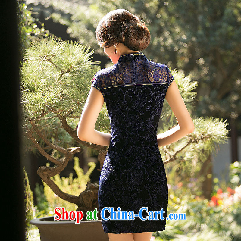 The cross-sectoral remembered her new lace stitching wool improved cheongsam Chinese wind cheongsam dress everyday dresses dresses ZA 070 dark blue L, cross-sectoral, Elizabeth, and shopping on the Internet